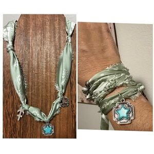 Handmade silky tie on distressed sage Green boho pendant necklace/bracelet